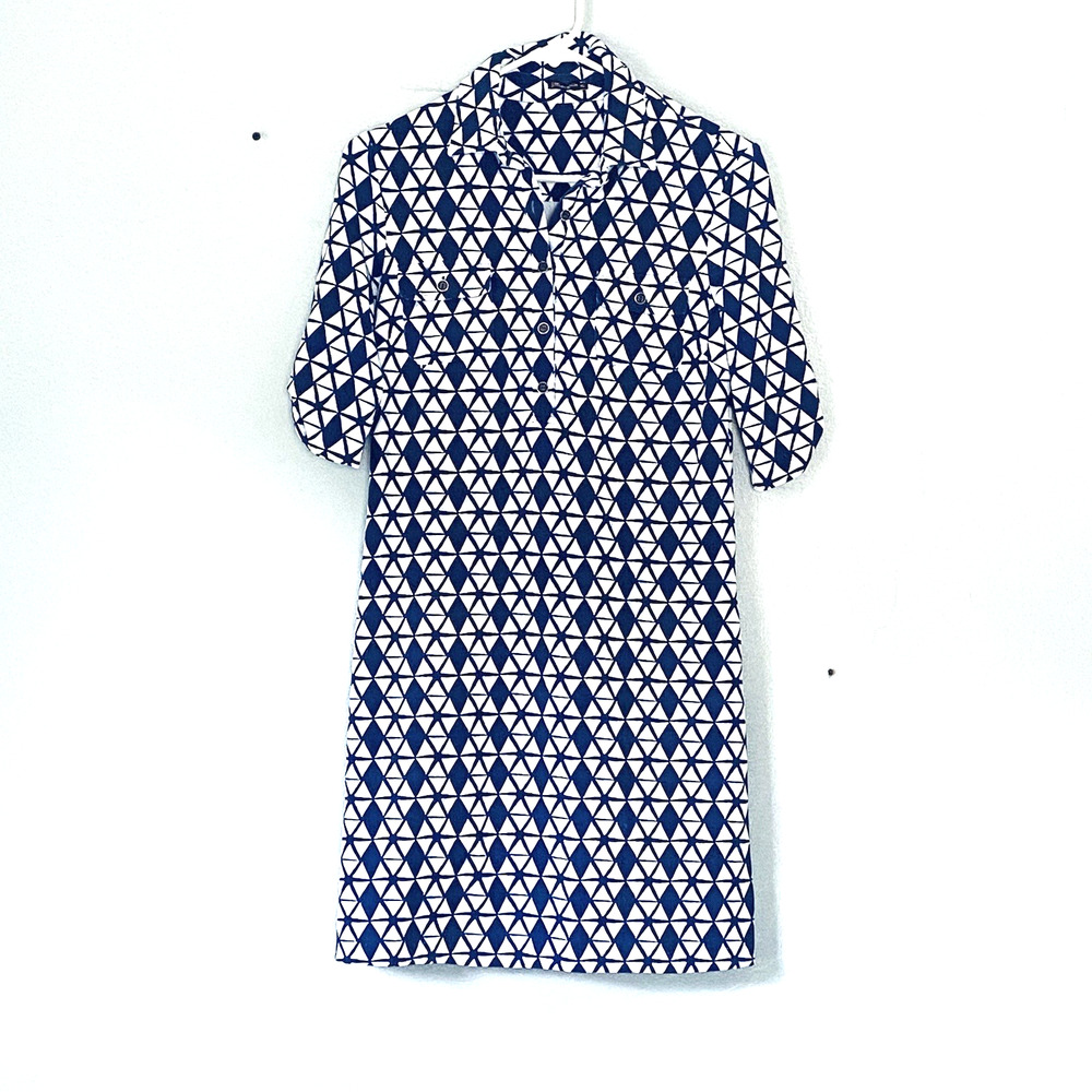J. McGlaughlin Dress XS Blue White Print Collared Half Sleeve Shift Preppy